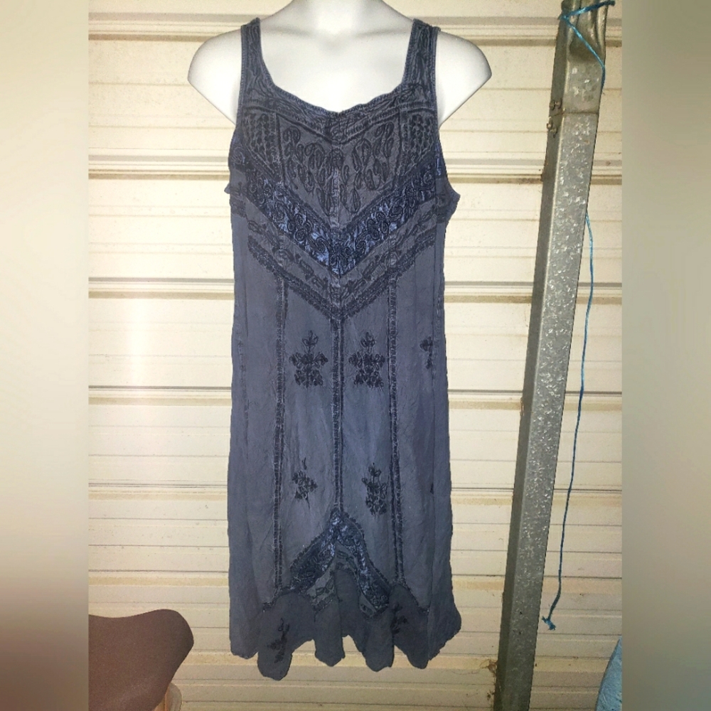 3X Plus Size Holy Clothing Renaissance Boho Festival Maxi Dress Blue Embroidered
